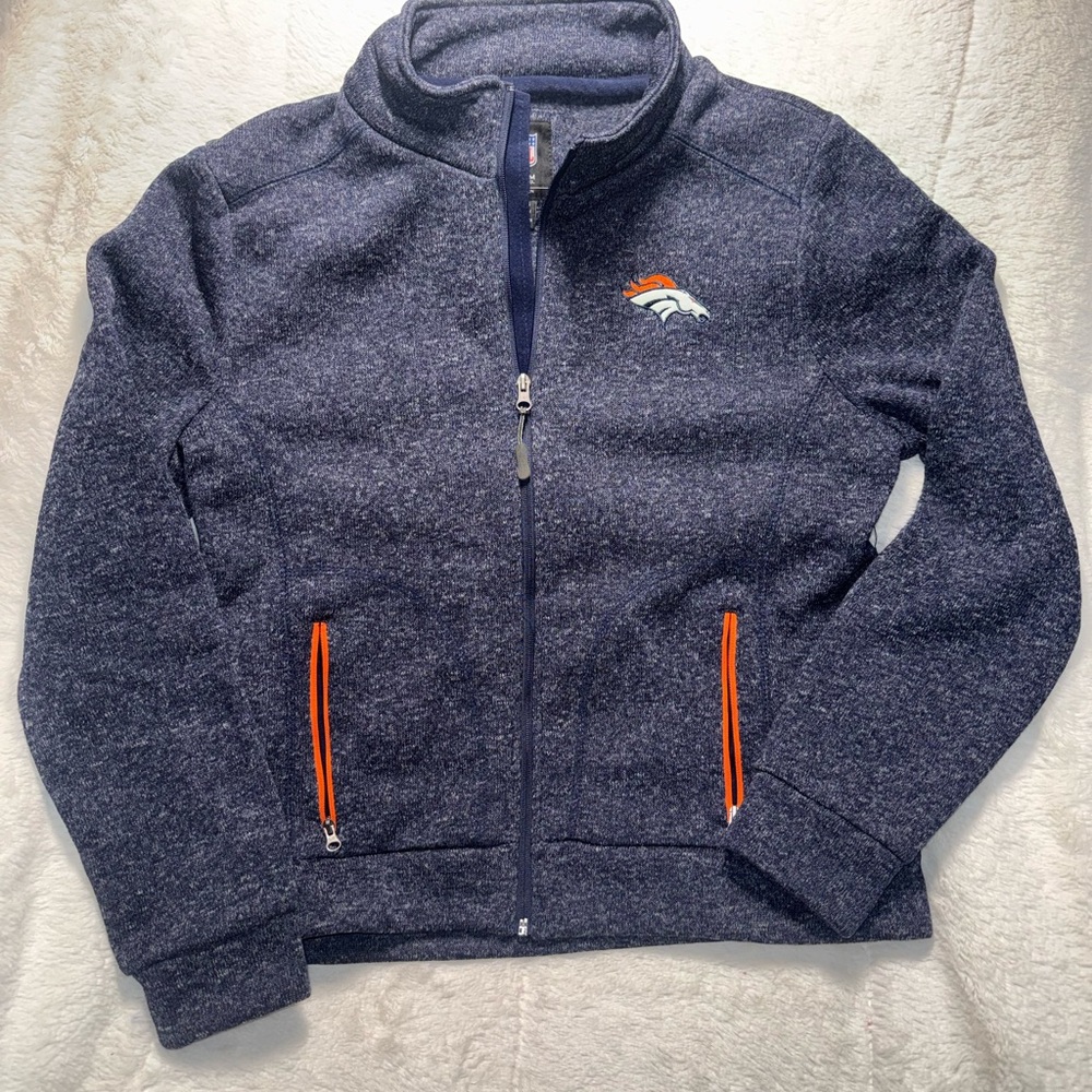 NWOT Women’s Denver Broncos Navy Heather Full-Zip Jacket w/ Orange Accents Sz Lg